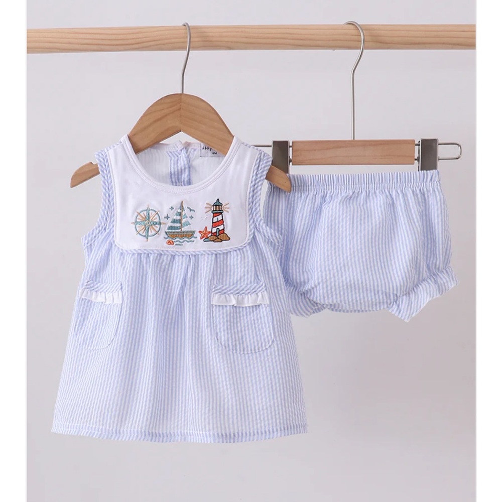 Embroidered Sailboat Blue Seersucker Nautical Collar BLOOMER SET Girls 3T NWT